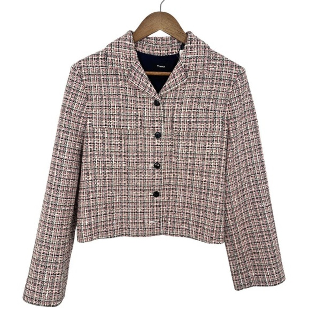 Theory Patch‎ Crop Jacket Pink Multicolor Tweed Blazer Size 8 NWT Preppy Chic